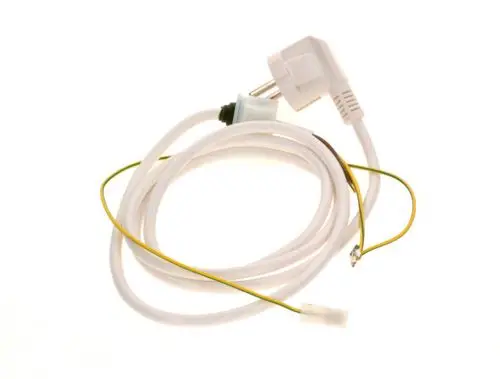 BOSCH Kabel mit einem Stecker und zwei Anschlusskabeln in Weiß. Ein Kabel hat eine gelbe und grüne Umhüllung. Das anderes Kabel ist unbeschichtet.